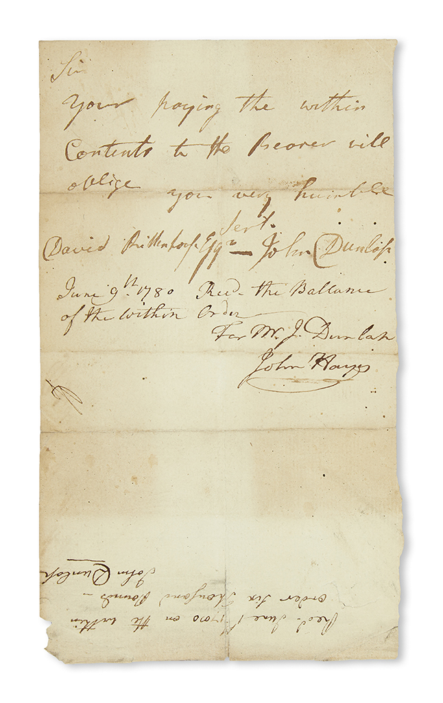 (AMERICAN REVOLUTION--1780). Dunlap, John. Dunlaps receipted pay order for printing the laws of Pennsylvania.